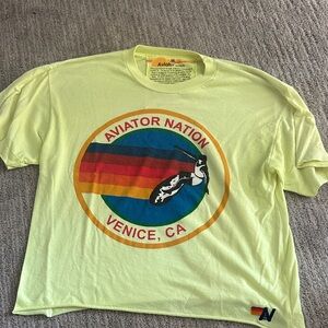 Aviator Nation Neon Yellow Short Sleeve Tee with Retro Circle Logo Women’s mediu